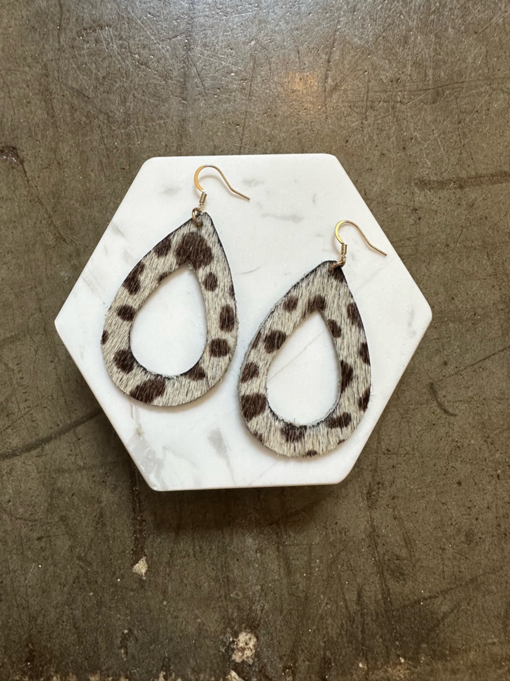 Leopard Print Teardrop Hoop Earrings - Brown and Cream